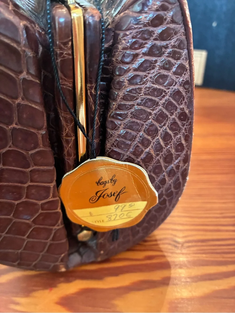 Croc-Embossed Dark Brown Leather Handbag